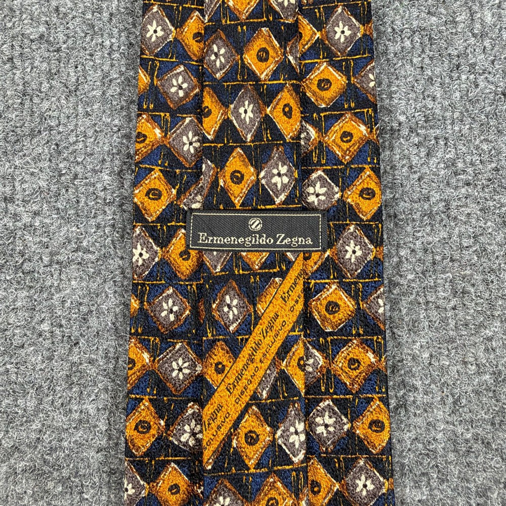 Ermenegildo Zegna Silk Tie Orange Geometric Diamond Floral Made in Italy #4926